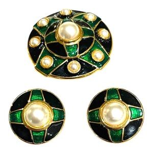 Vintage Craft Brooch and Earrings Set Enamel Faux Pearl Black Emerald Green
